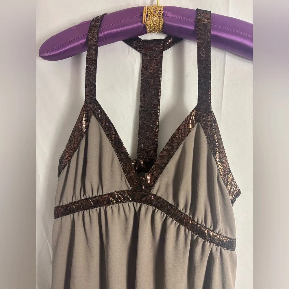 Brown Babydoll Empire Waist Metallic Copper High‎ Lo Boho Mini Dress Size M